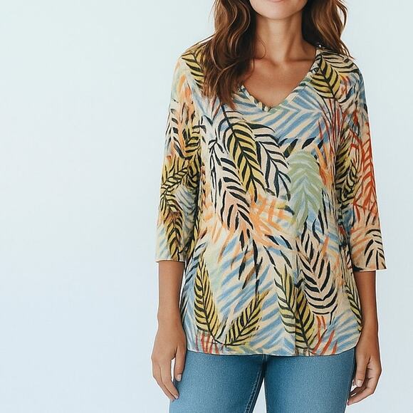 Tahari Tropical Knit Top Womens Size 1X Multicolor Palm Hawaiian Aloha Beachy - Picture 1 of 9